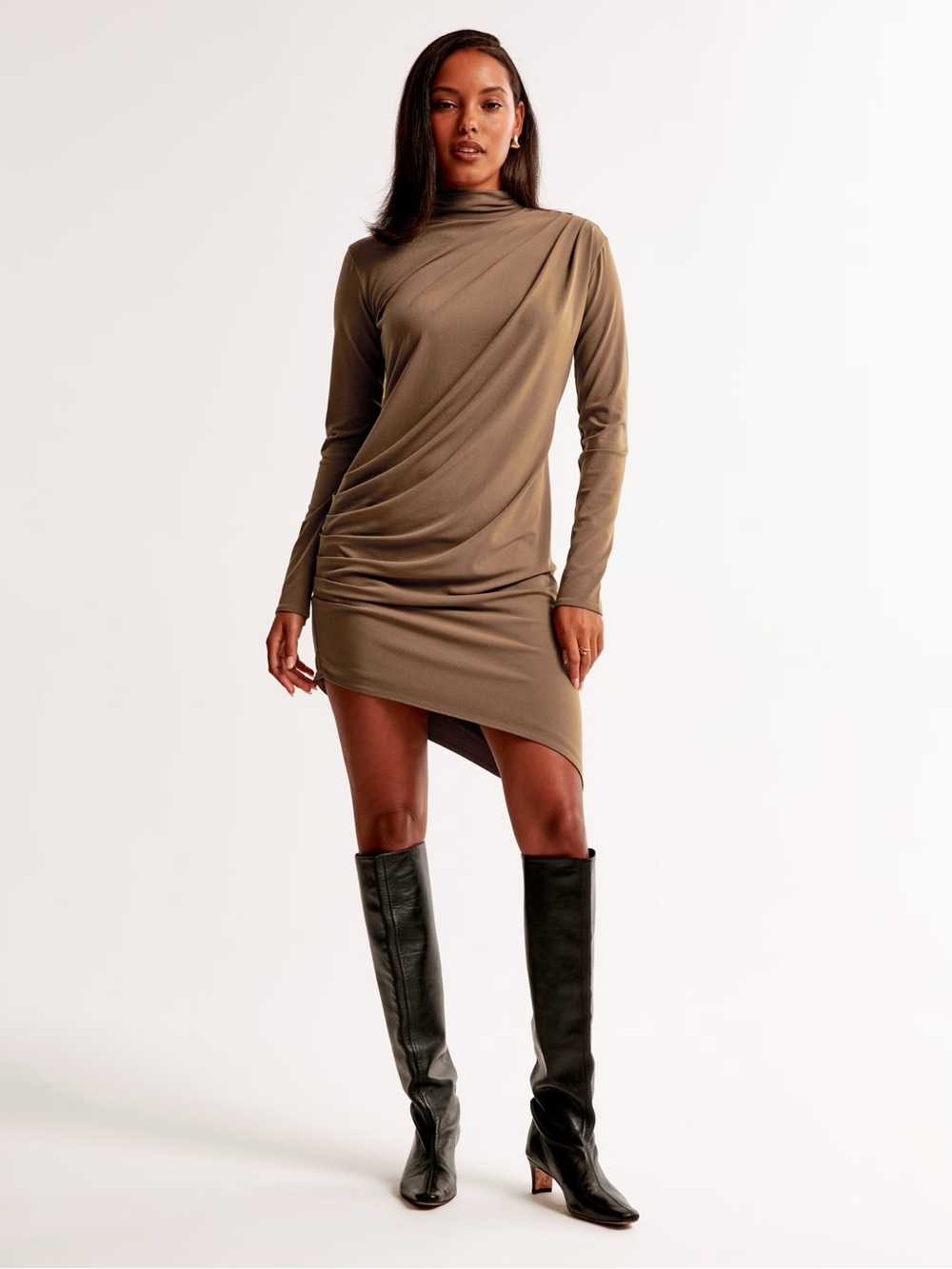 Abercrombie & Fitch Asymmetrical Taupe Brown Long-Sleeve Ruched Mini Dress New